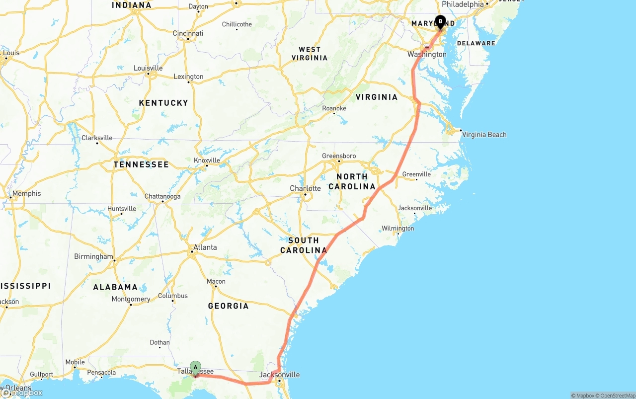 Shipping route from Tallahassee to Baltimore