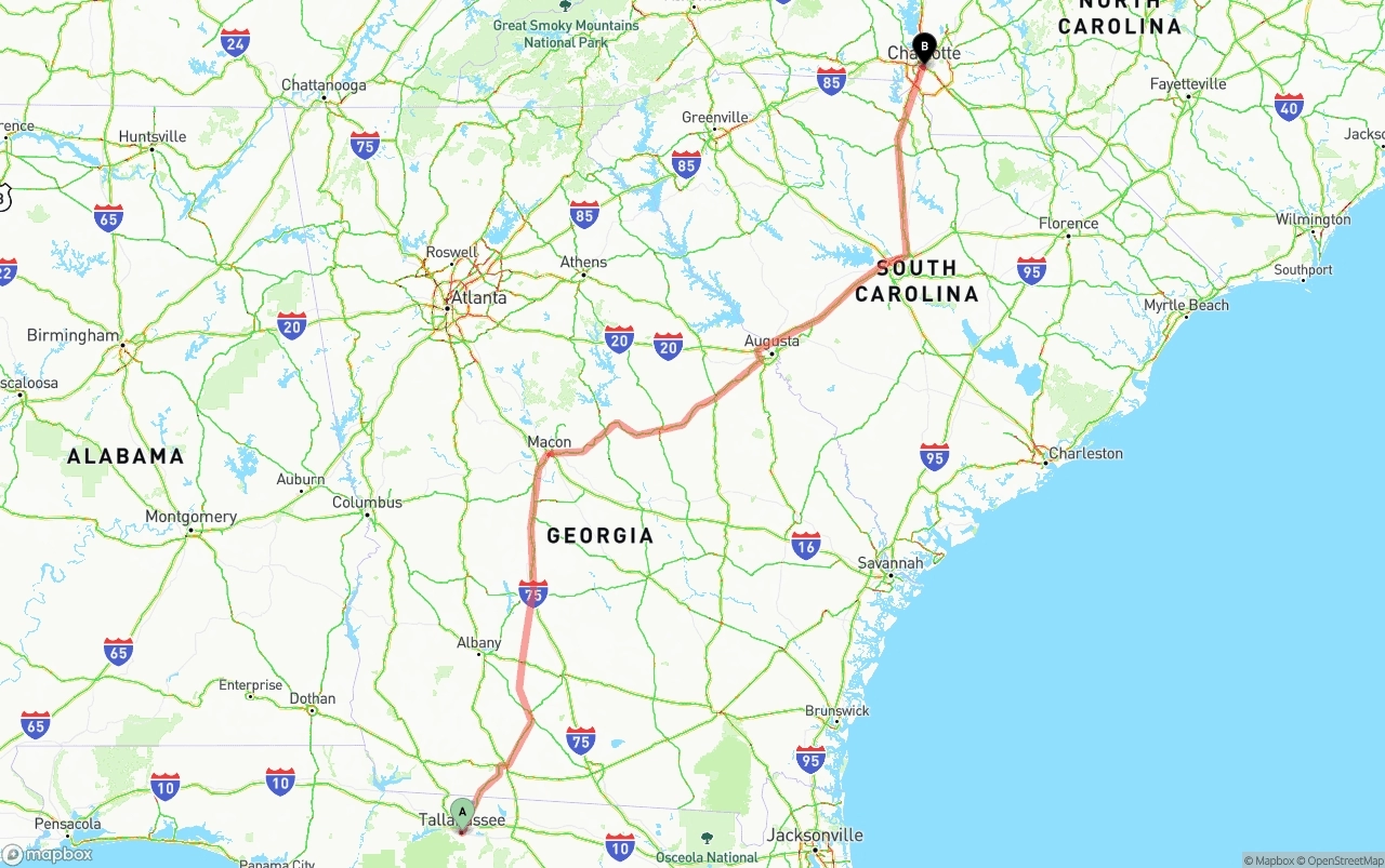 Shipping route from Tallahassee to Charlotte