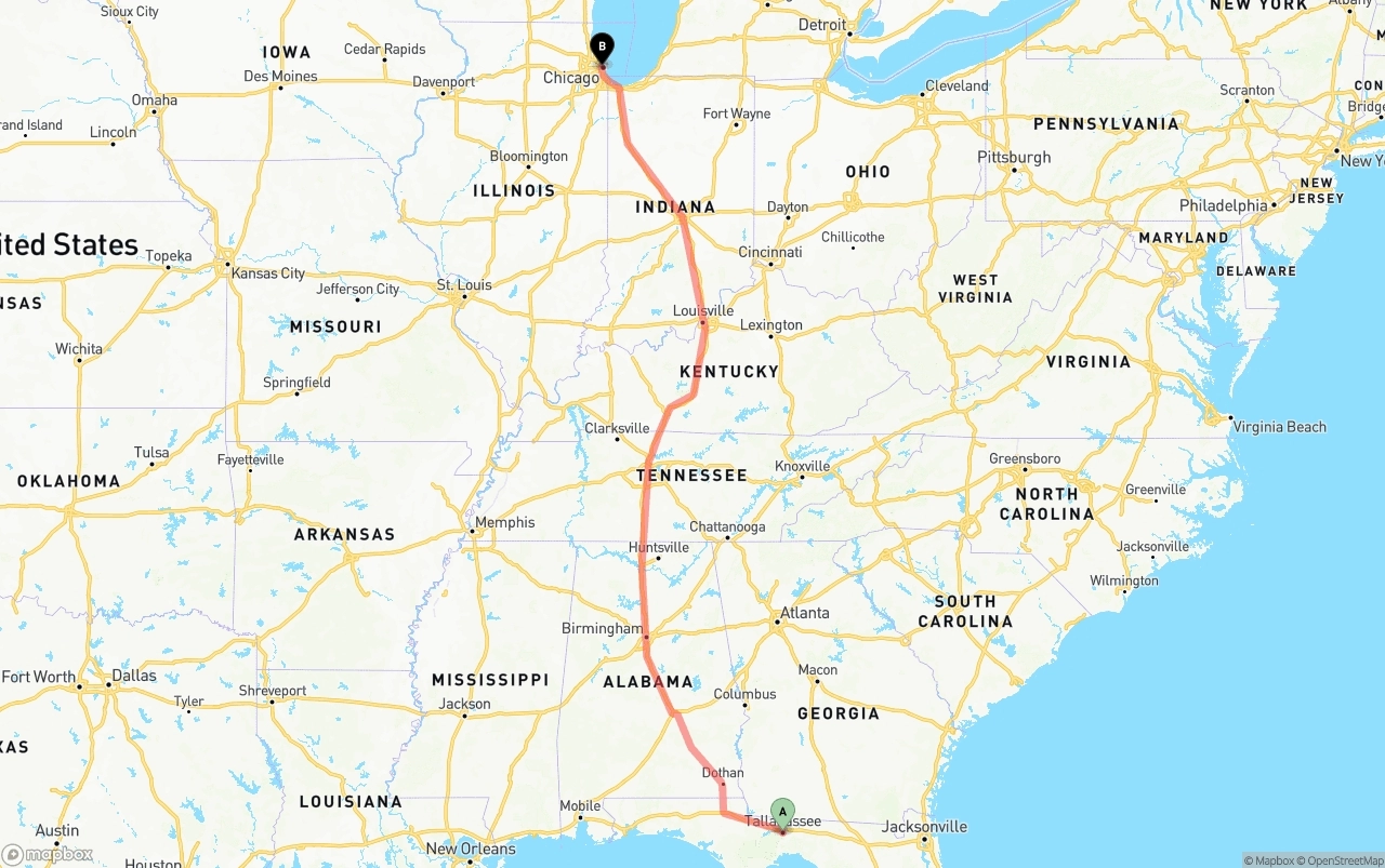 Shipping route from Tallahassee to Chicago