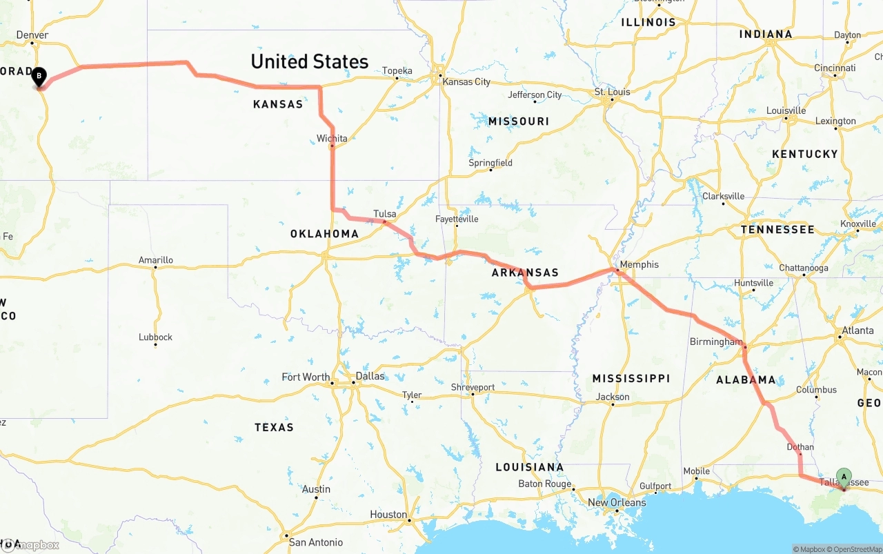 Shipping route from Tallahassee to Colorado Springs