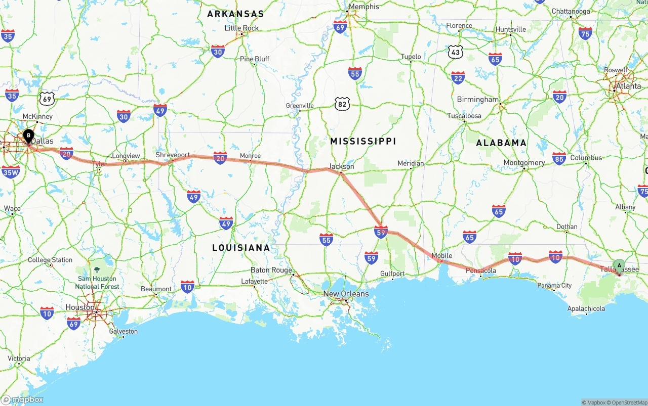 Shipping route from Tallahassee to Dallas