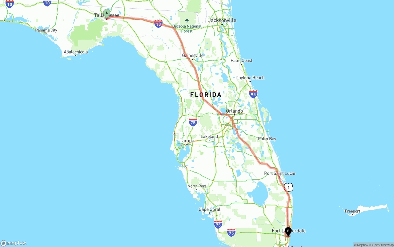 Shipping route from Tallahassee to Fort Lauderdale-Hollywood International Airport