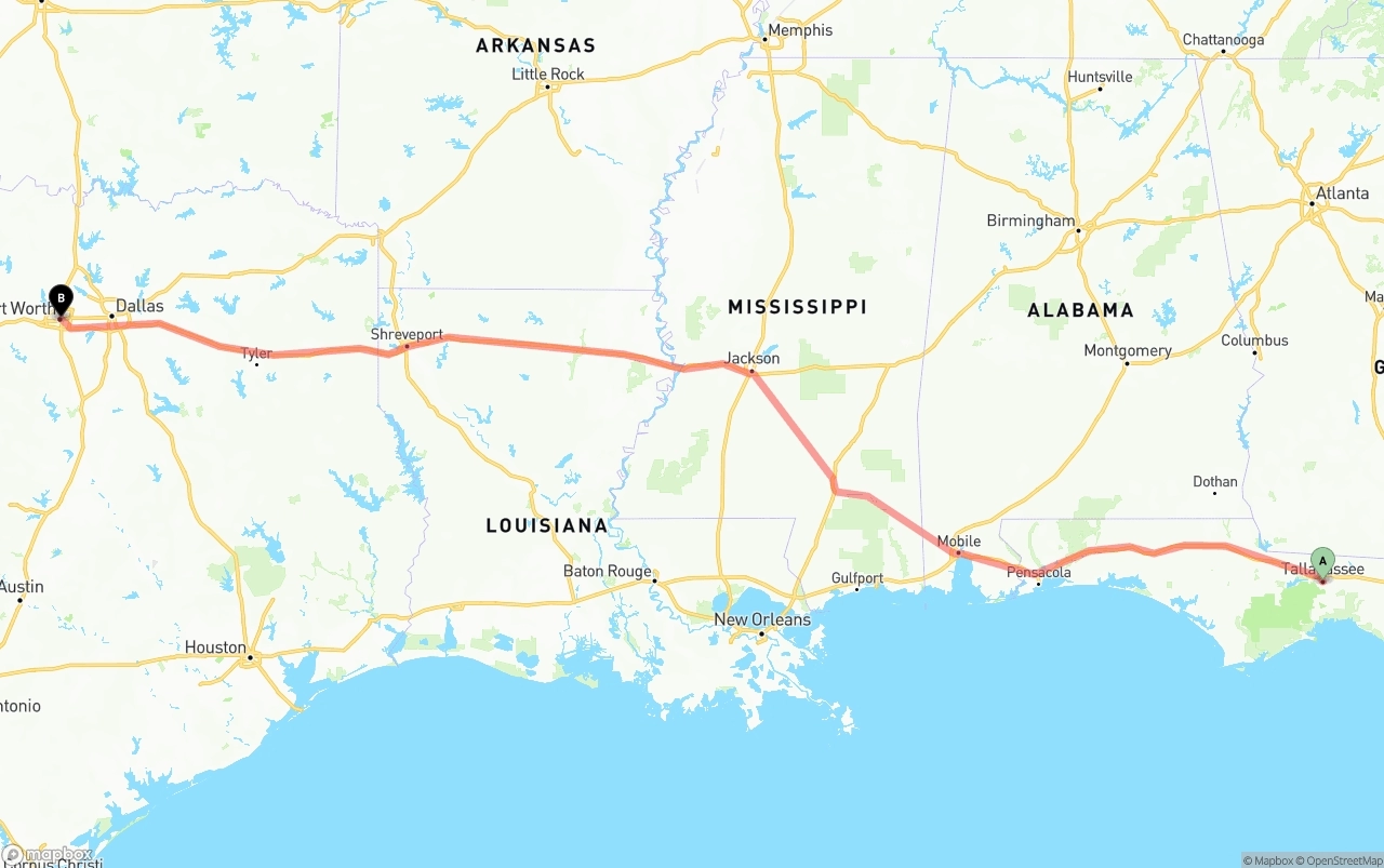 Shipping route from Tallahassee to Fort Worth