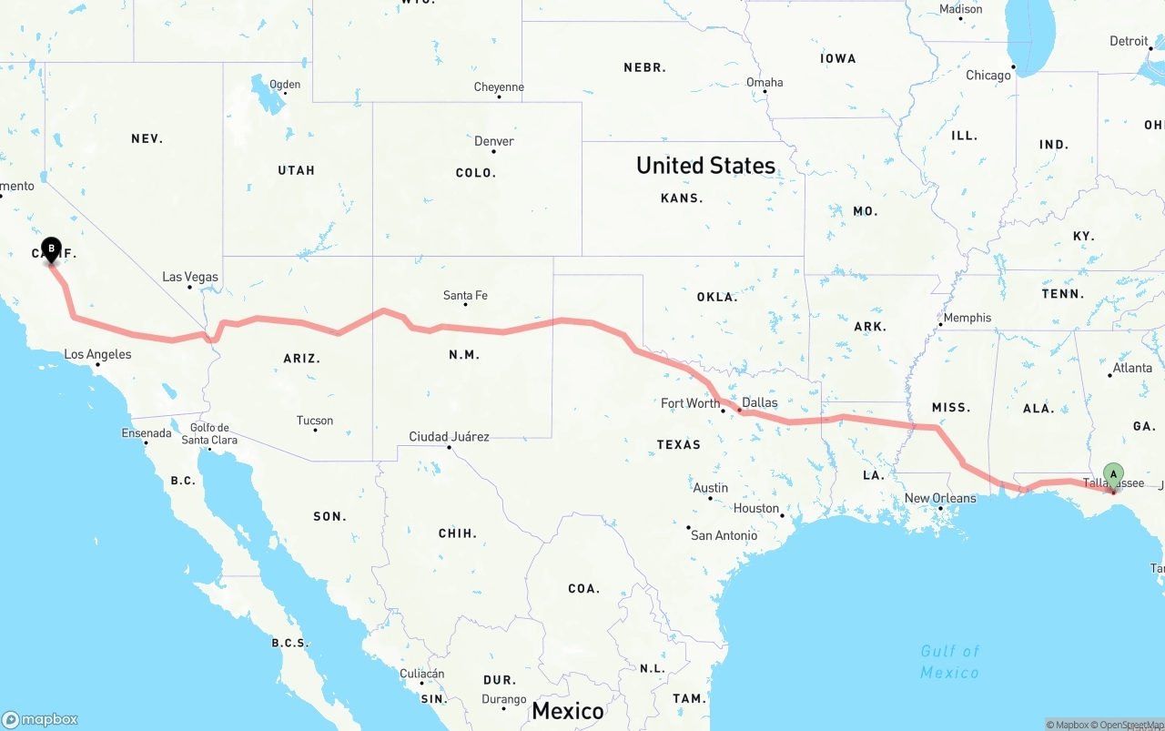 Shipping route from Tallahassee to Fresno