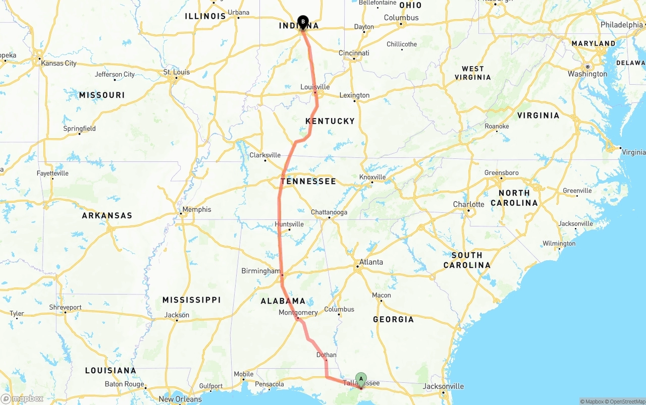 Shipping route from Tallahassee to Indianapolis