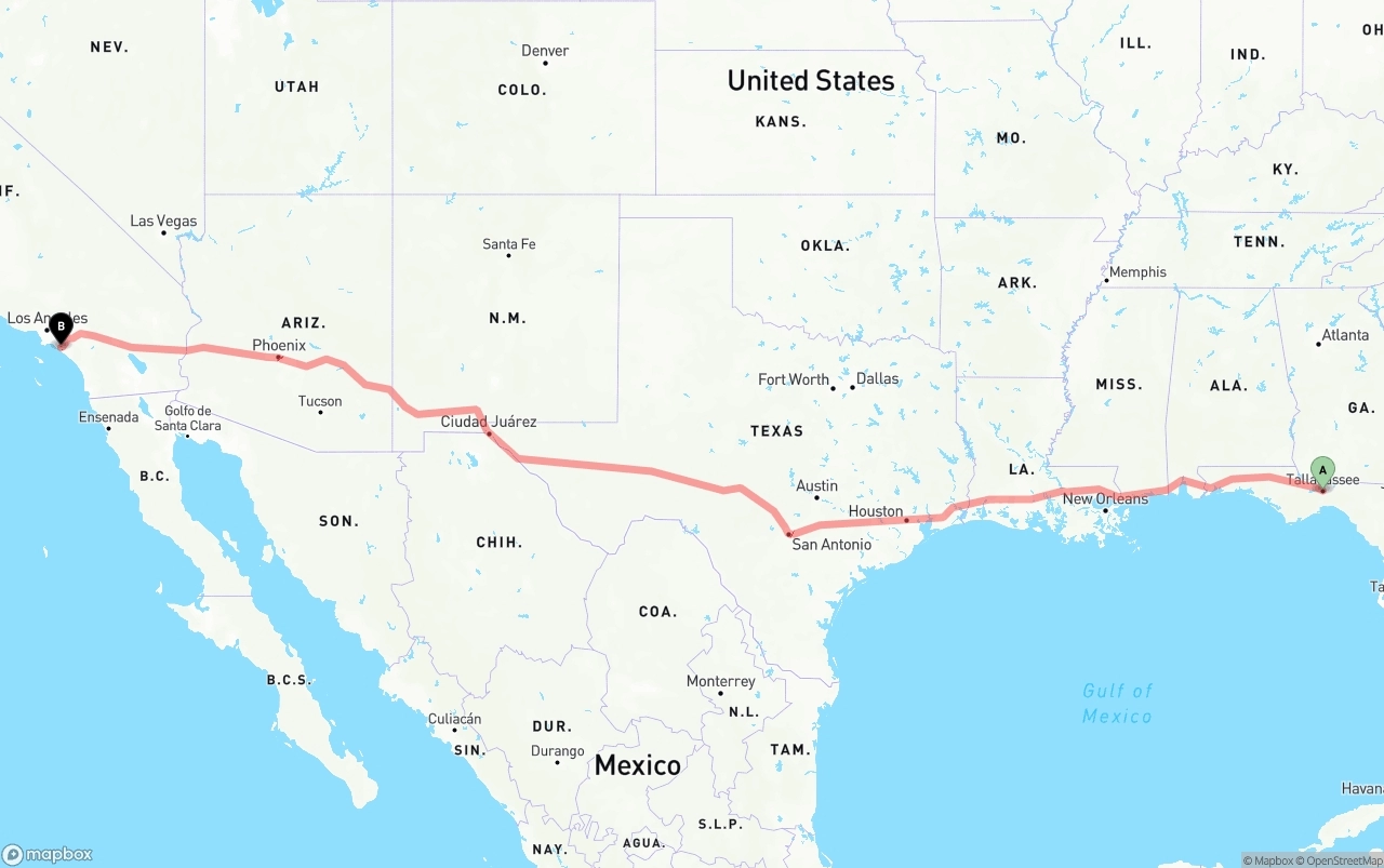 Shipping route from Tallahassee to John Wayne Airport — Orange County