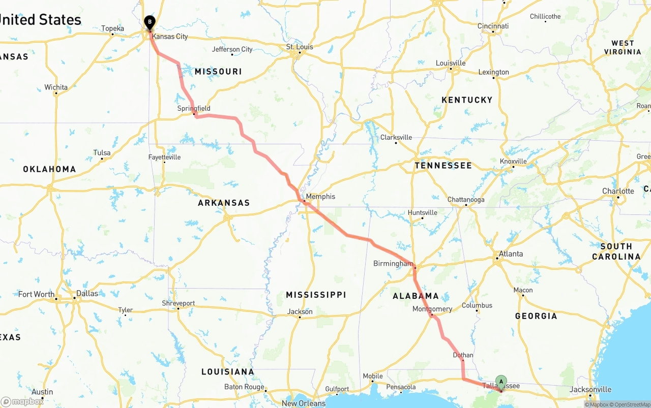 Shipping route from Tallahassee to Kansas City