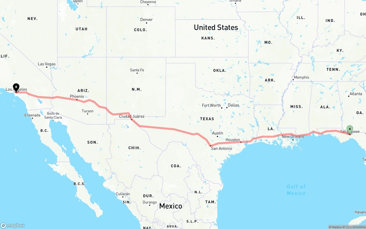 Shipping route from Tallahassee to Los Angeles