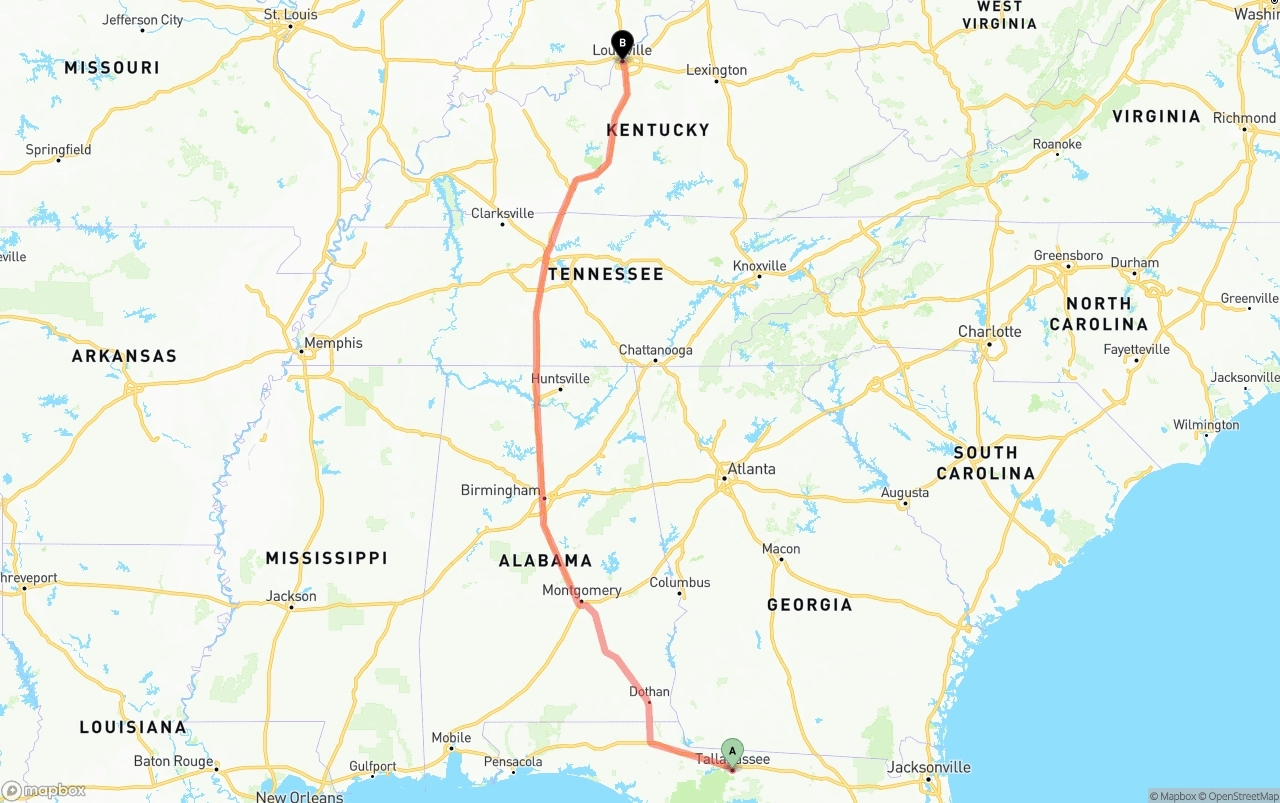 Shipping route from Tallahassee to Louisville