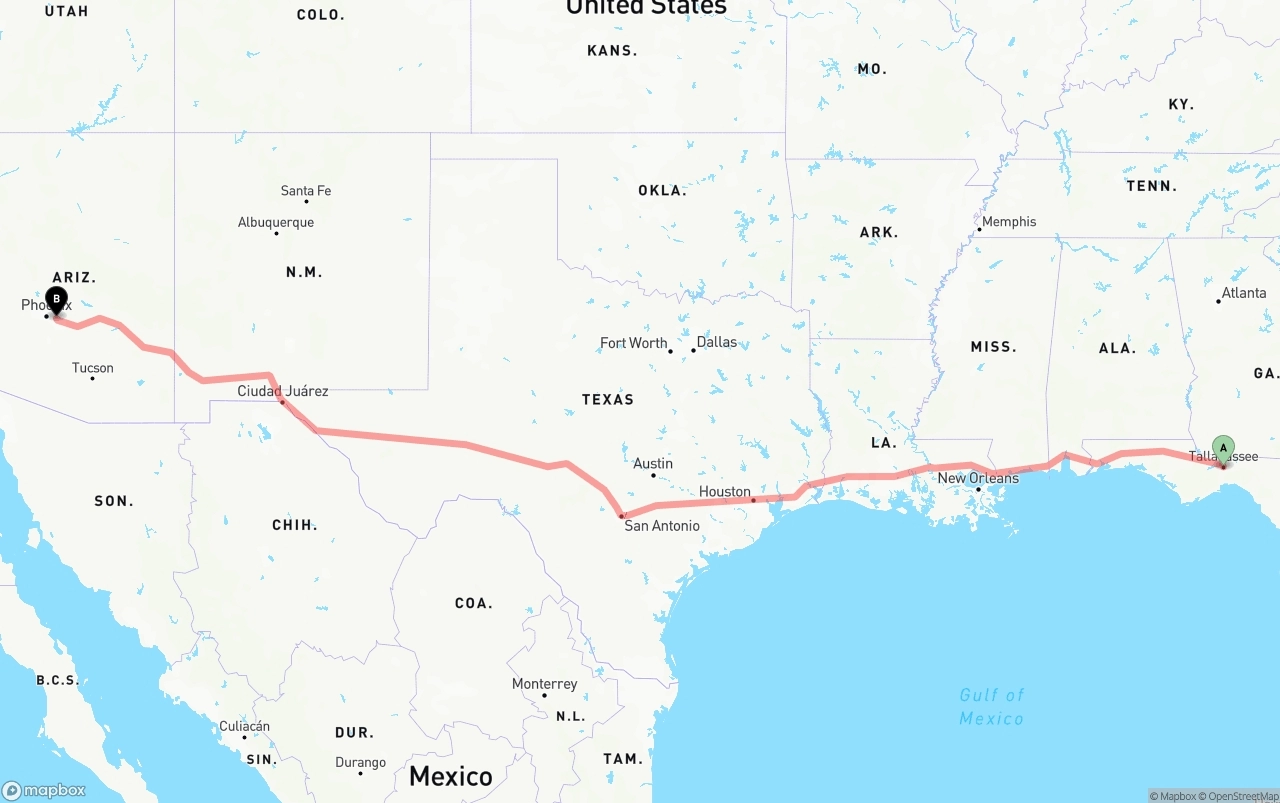 Shipping route from Tallahassee to Mesa