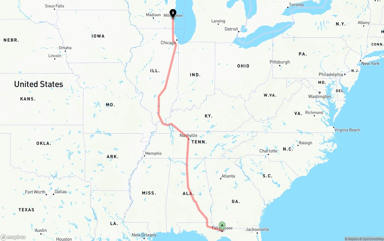 Shipping route from Tallahassee to Milwaukee