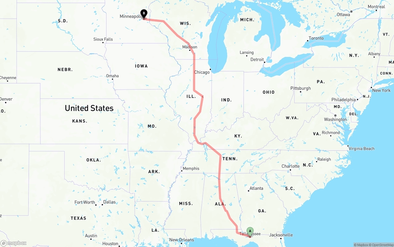 Shipping route from Tallahassee to Minneapolis