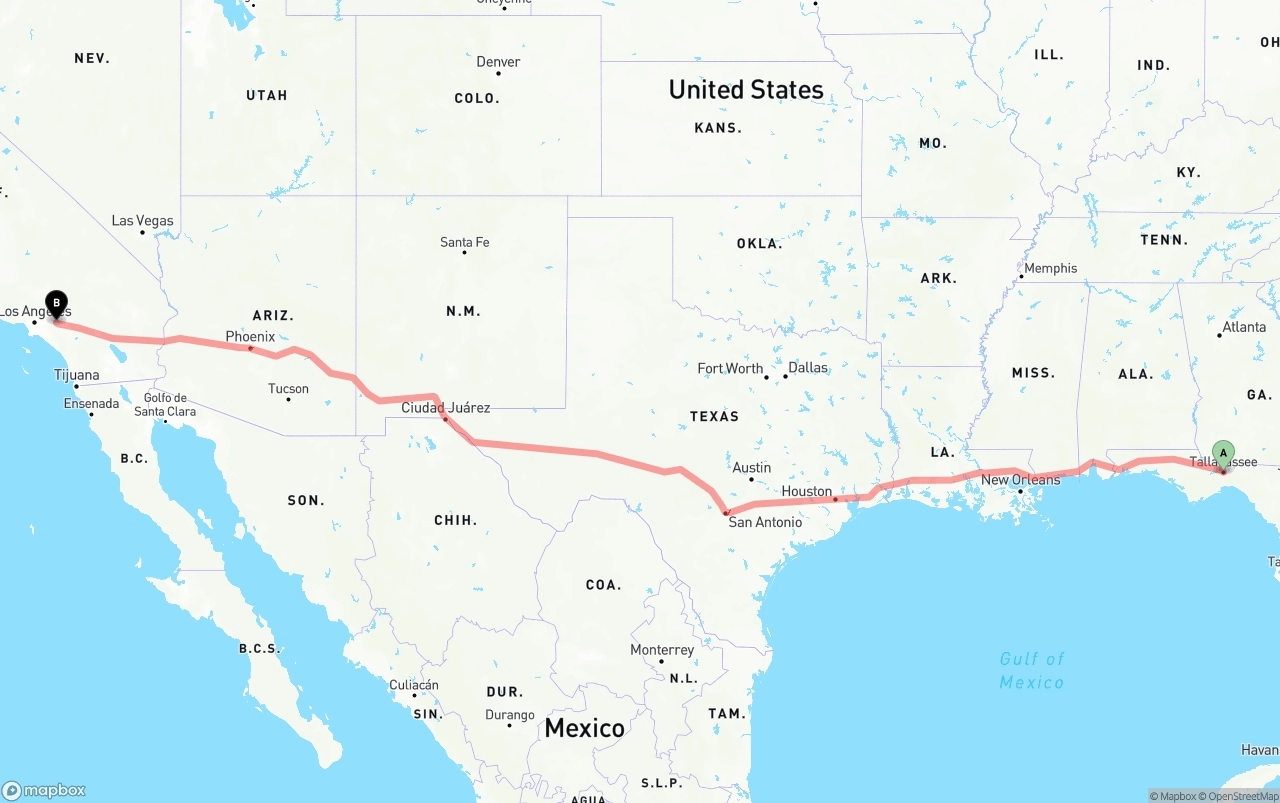 Shipping route from Tallahassee to Ontario International Airport