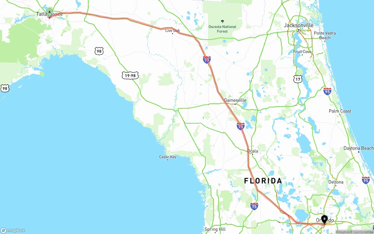 Shipping route from Tallahassee to Orlando