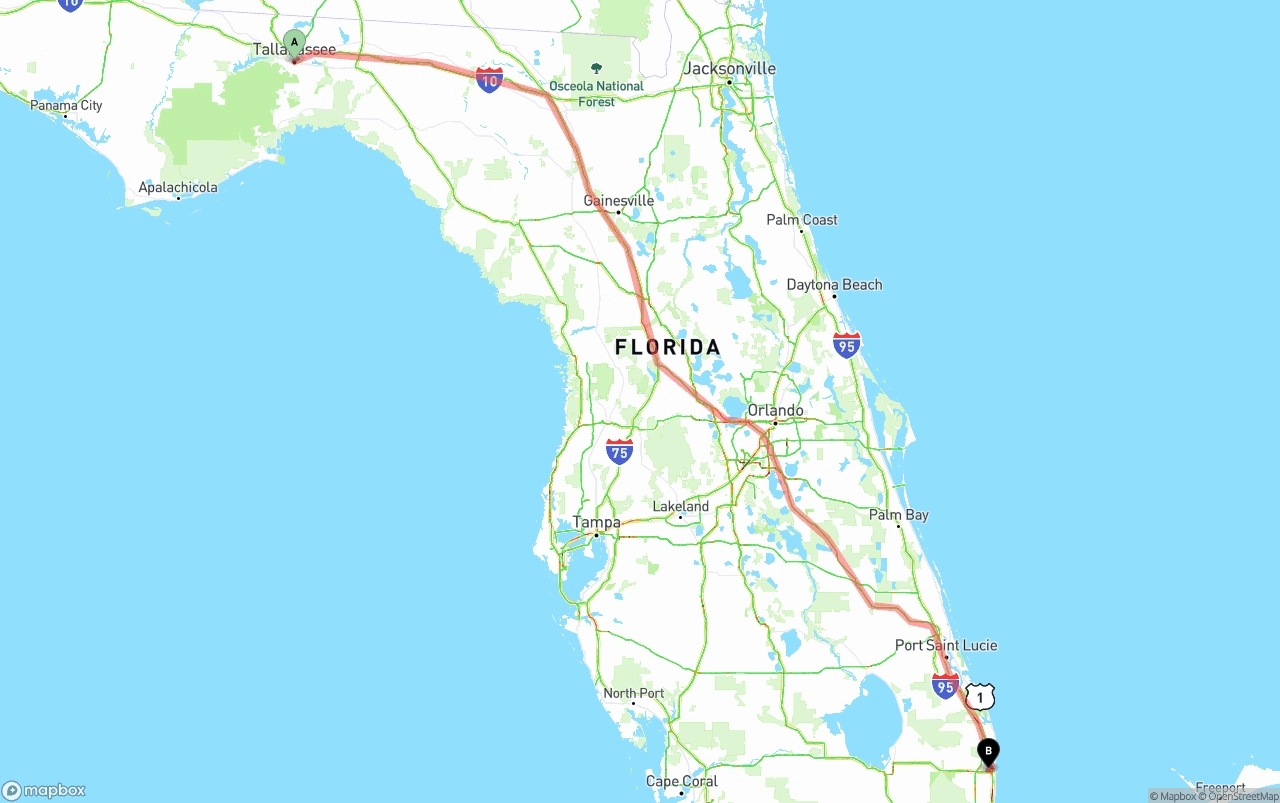 Shipping route from Tallahassee to Palm Beach International Airport