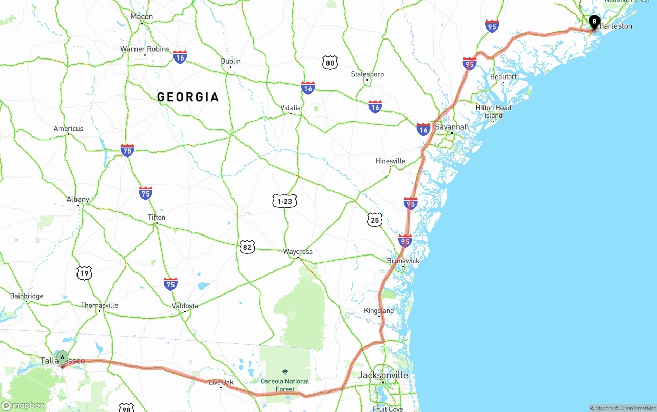 Shipping route from Tallahassee to Port of Charleston