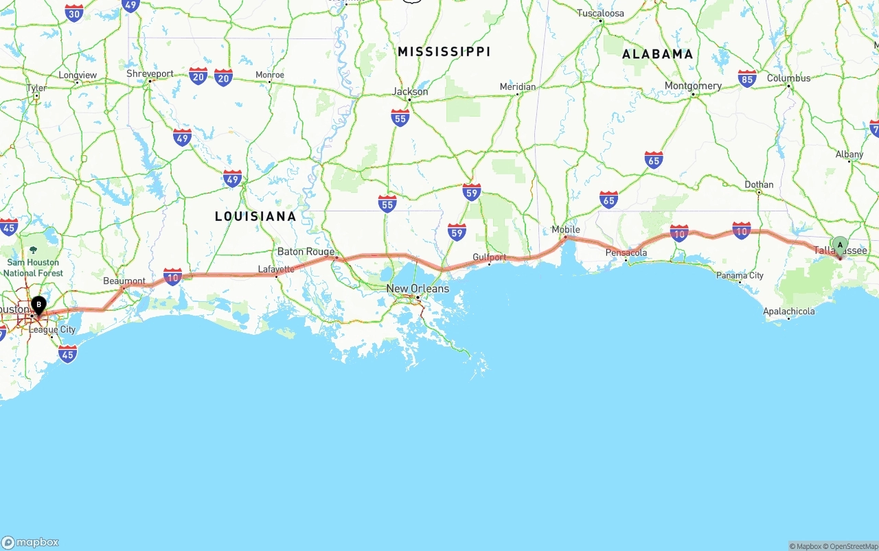 Shipping route from Tallahassee to Port of Houston