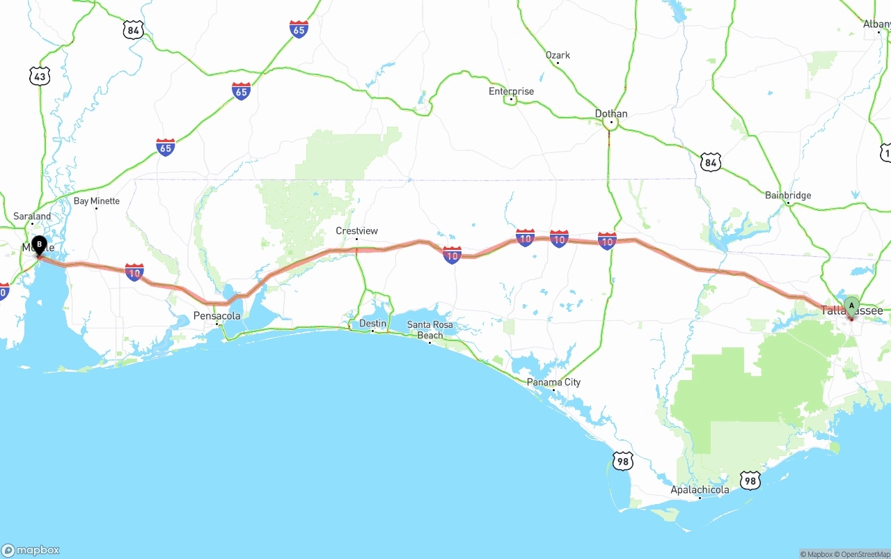 Shipping route from Tallahassee to Port of Mobile