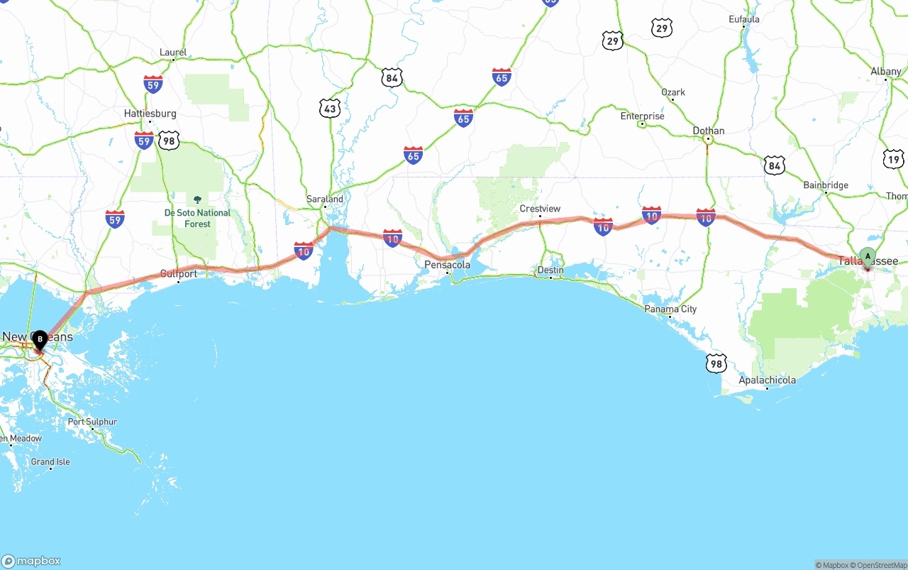 Shipping route from Tallahassee to Port of New Orleans