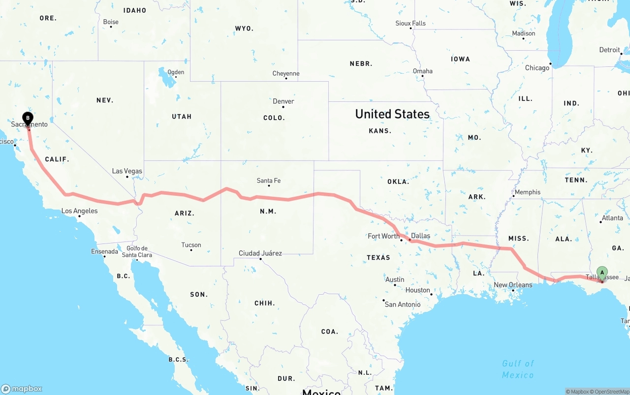 Shipping route from Tallahassee to Sacramento International Airport