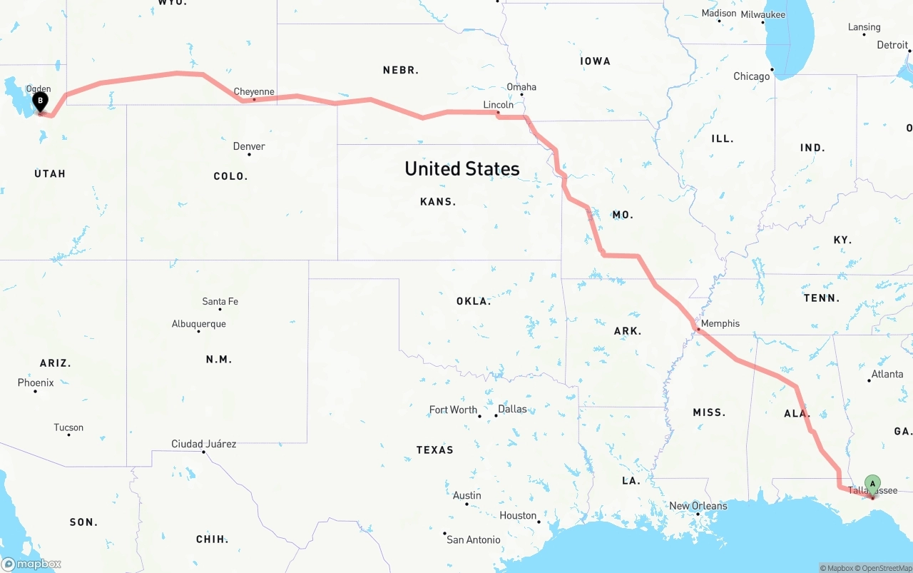 Shipping route from Tallahassee to Salt Lake City