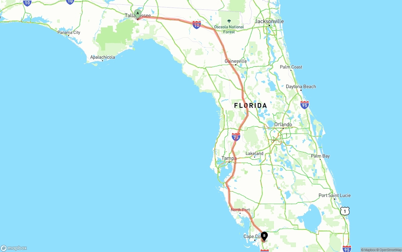 Shipping route from Tallahassee to Southwest Florida International Airport