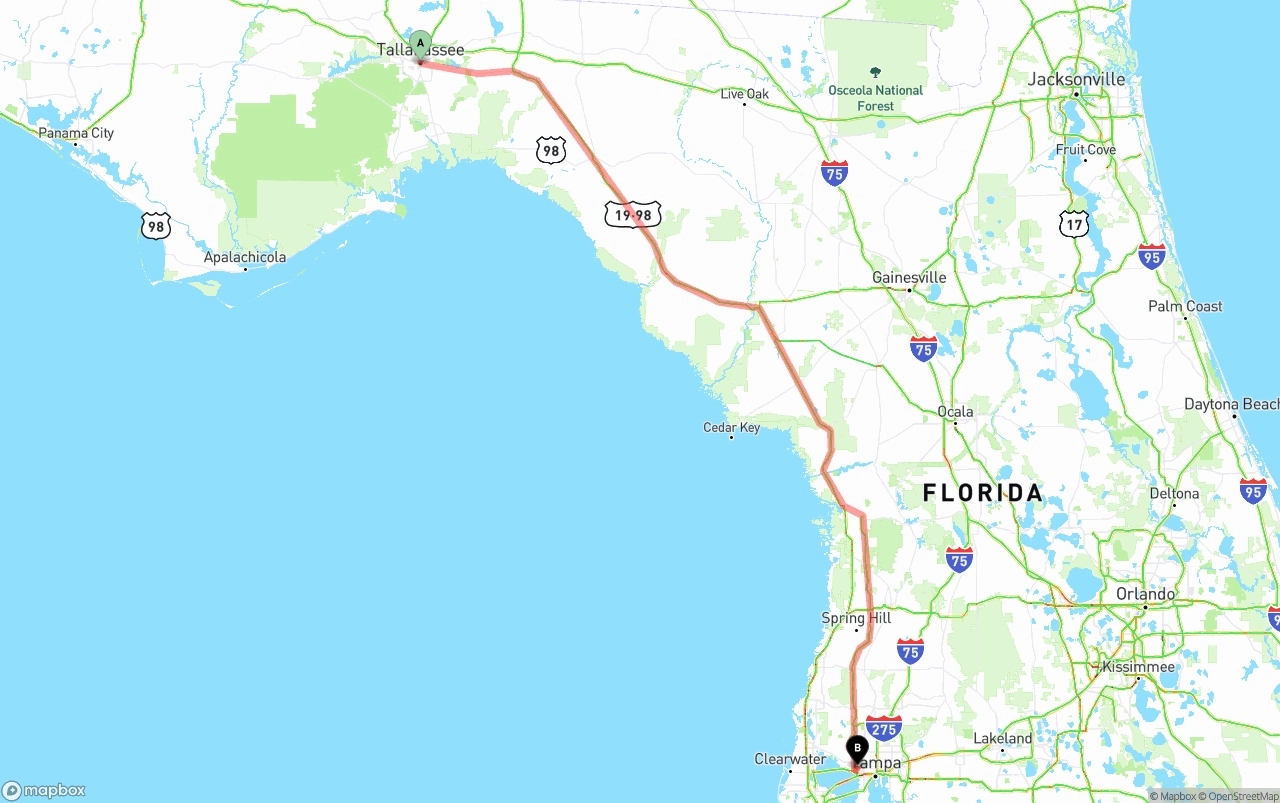 Shipping route from Tallahassee to Tampa International Airport
