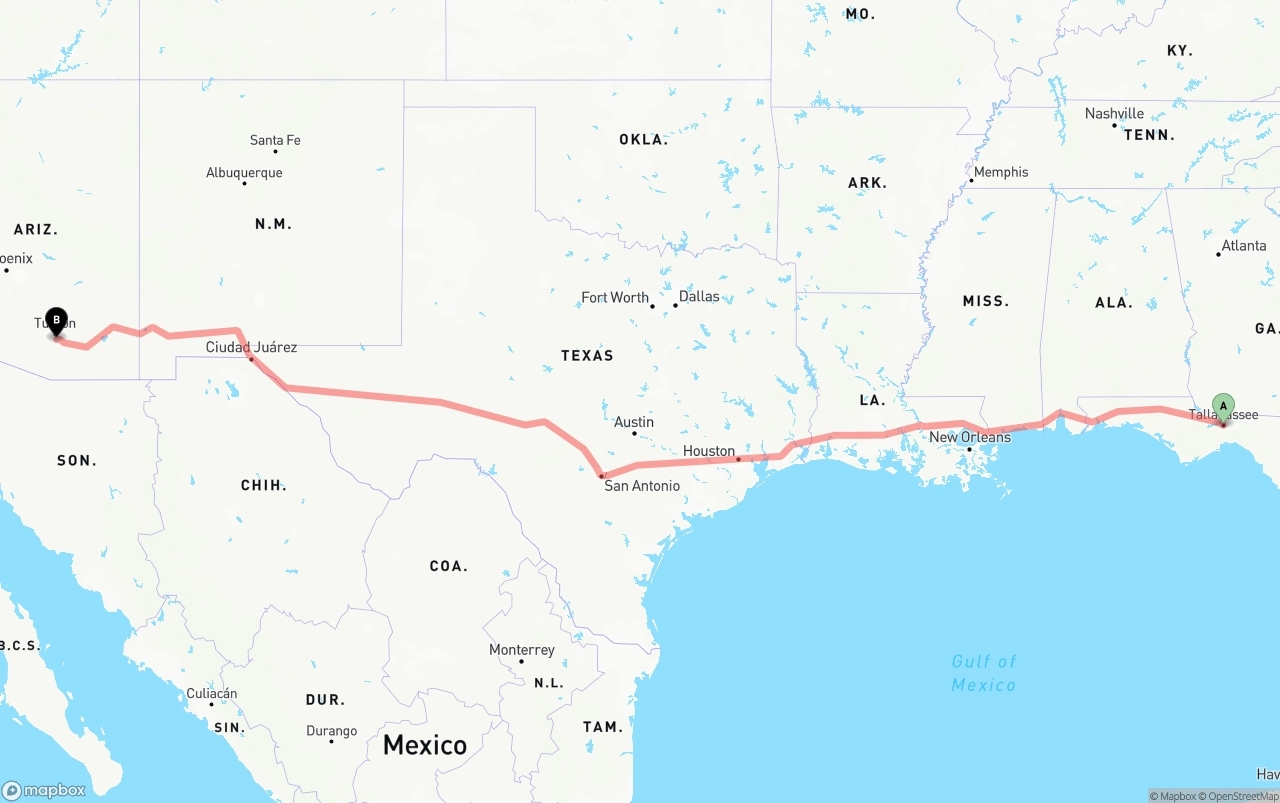 Shipping route from Tallahassee to Tucson International Airport