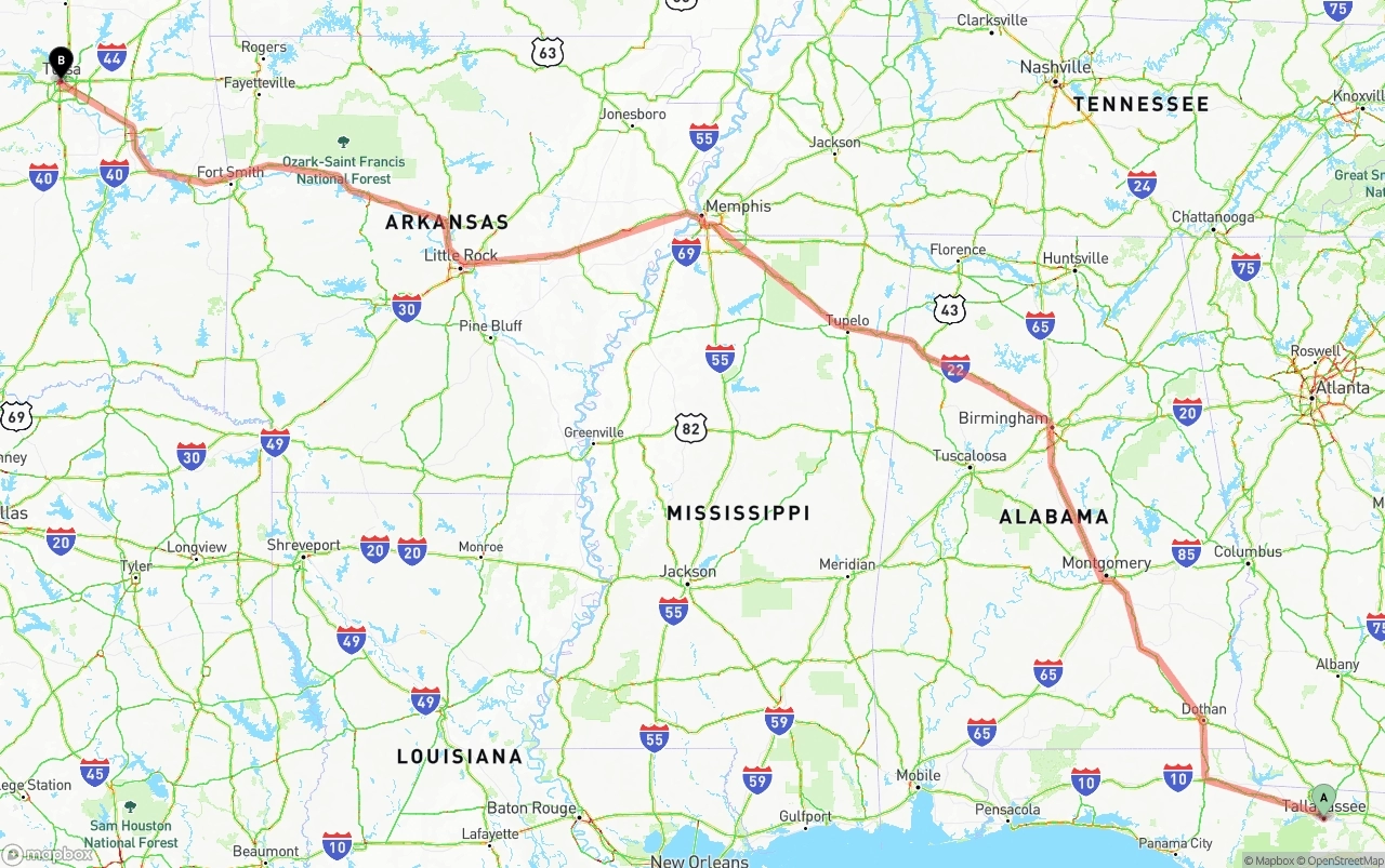 Shipping route from Tallahassee to Tulsa