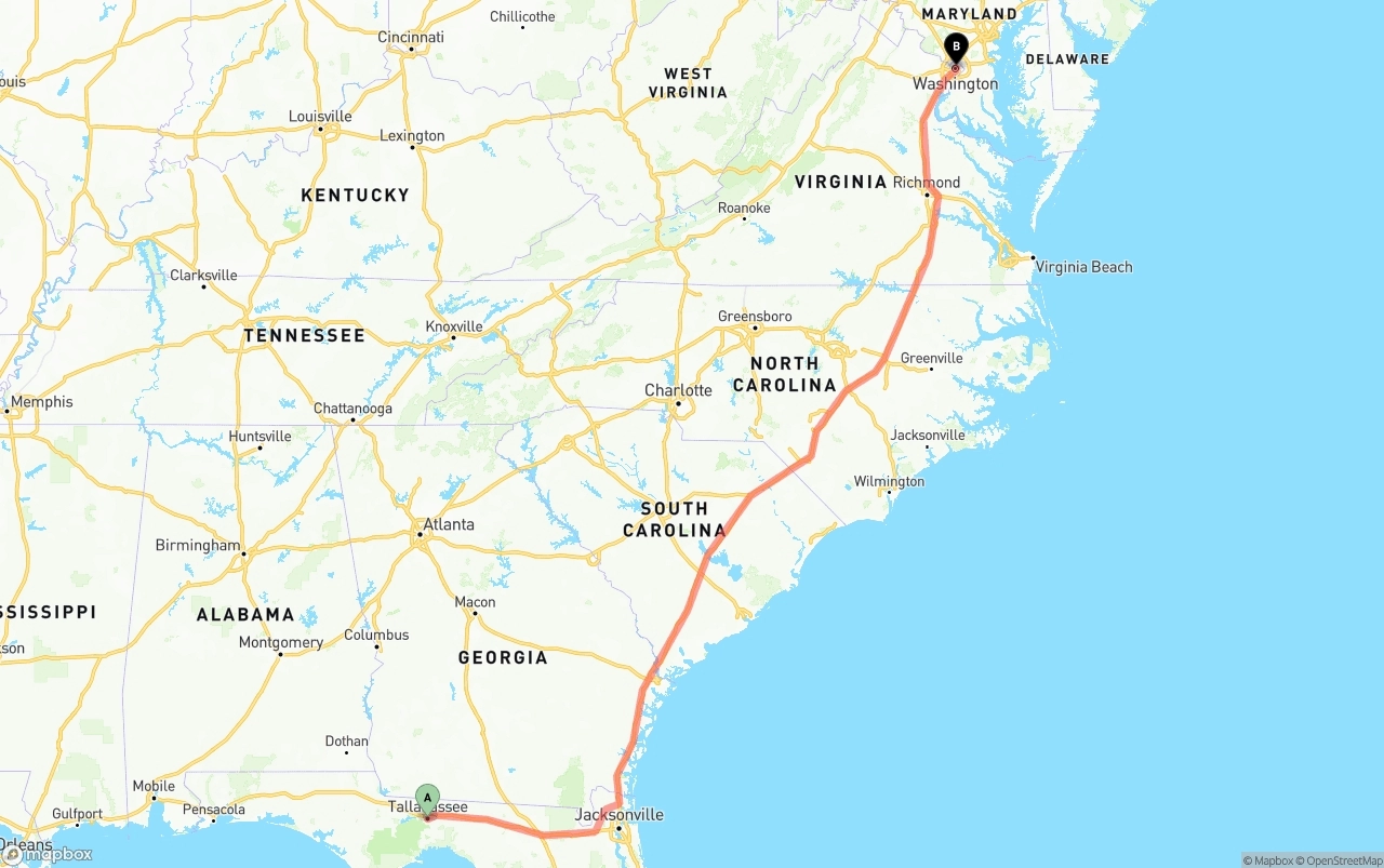 Shipping route from Tallahassee to Washington D.C.