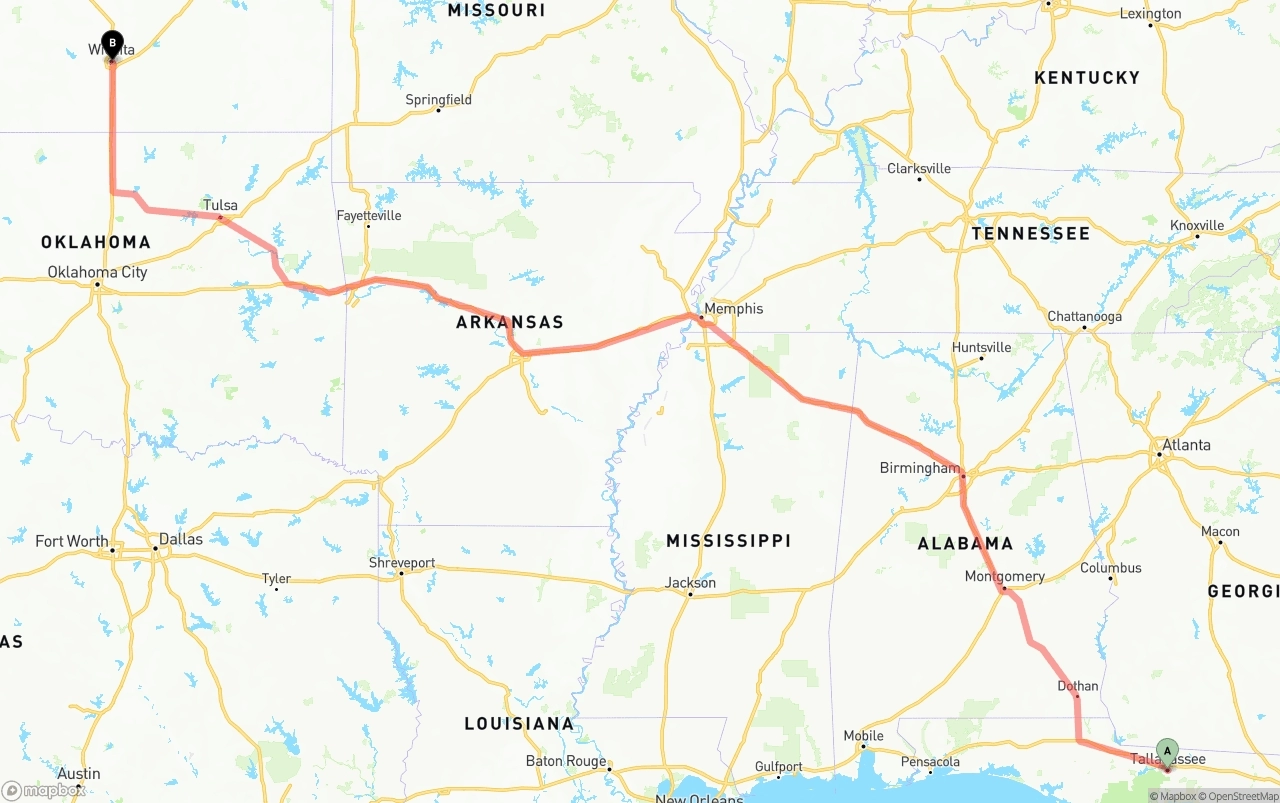 Shipping route from Tallahassee to Wichita