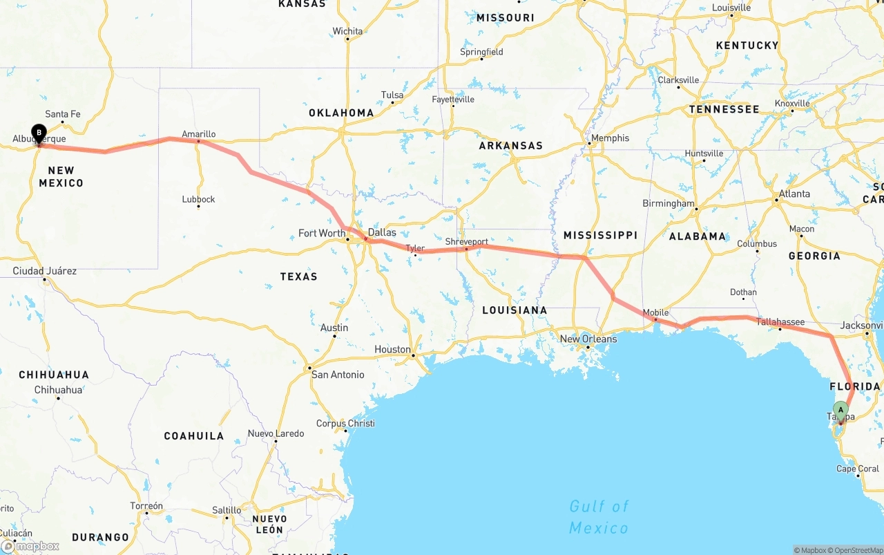 Shipping route from Tampa to Albuquerque