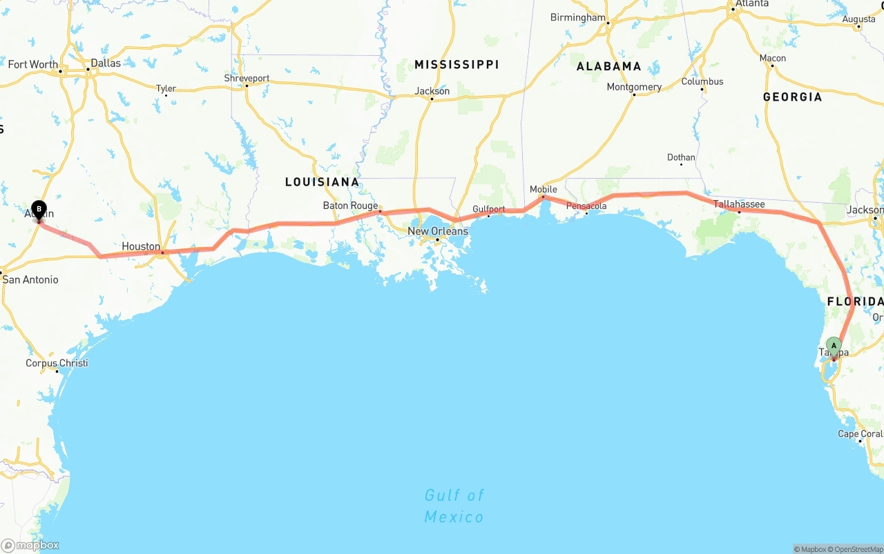 Shipping route from Tampa to Austin