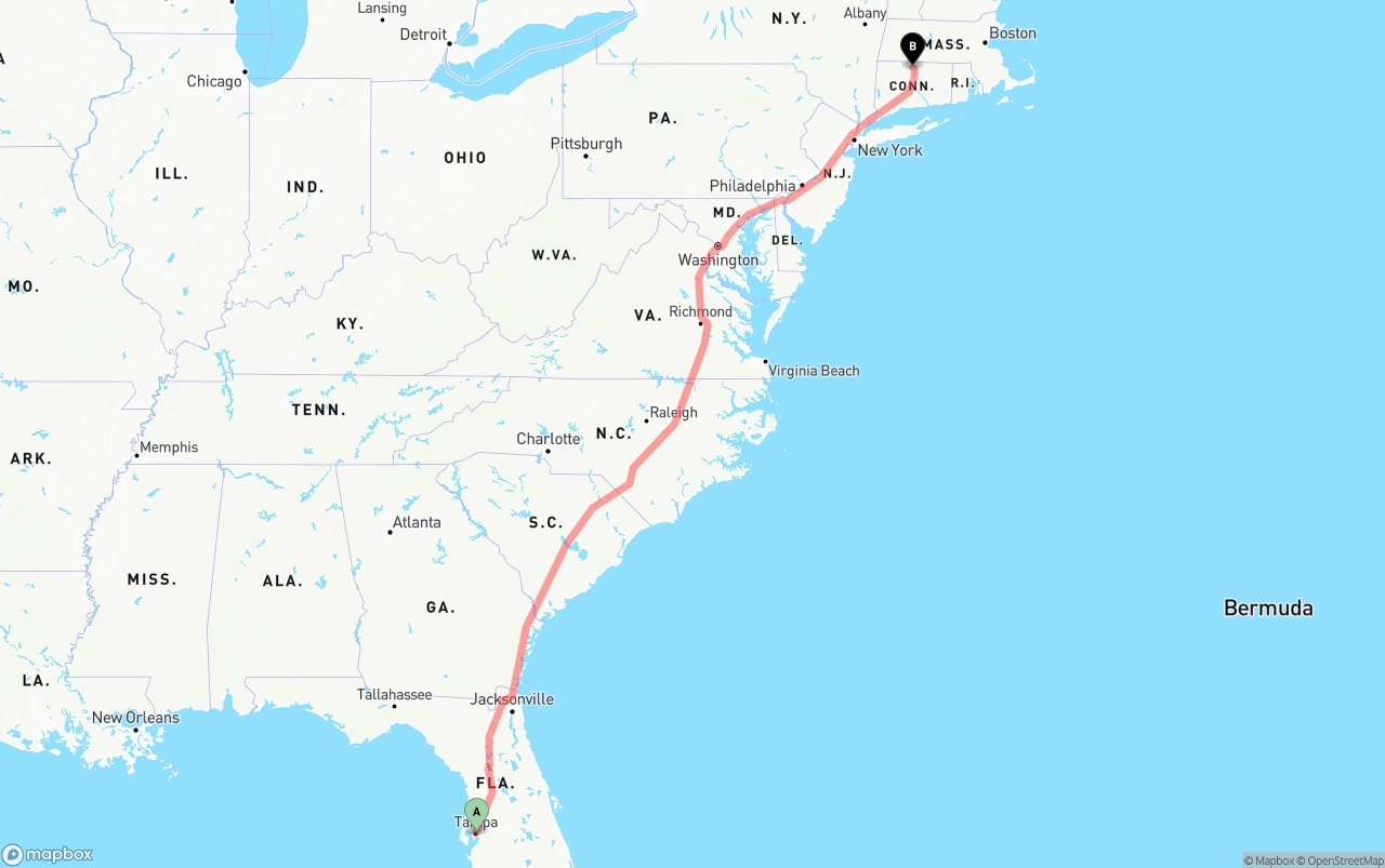 Shipping route from Tampa to Bradley International Airport