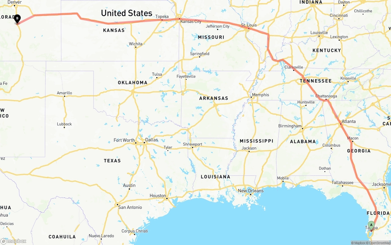 Shipping route from Tampa to Colorado Springs