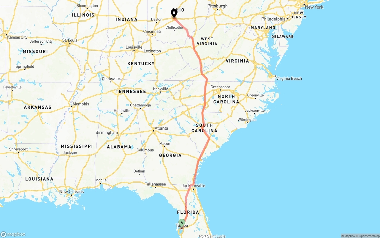Shipping route from Tampa to Columbus