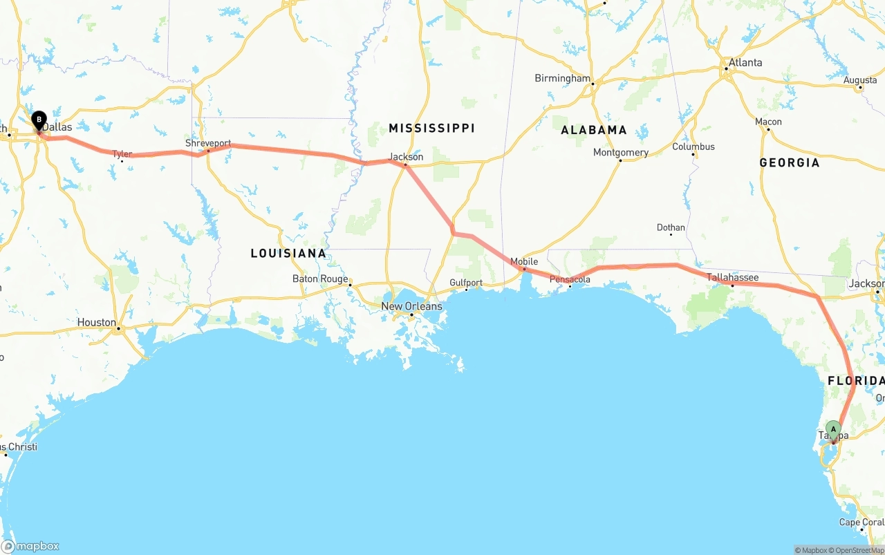 Shipping route from Tampa to Dallas
