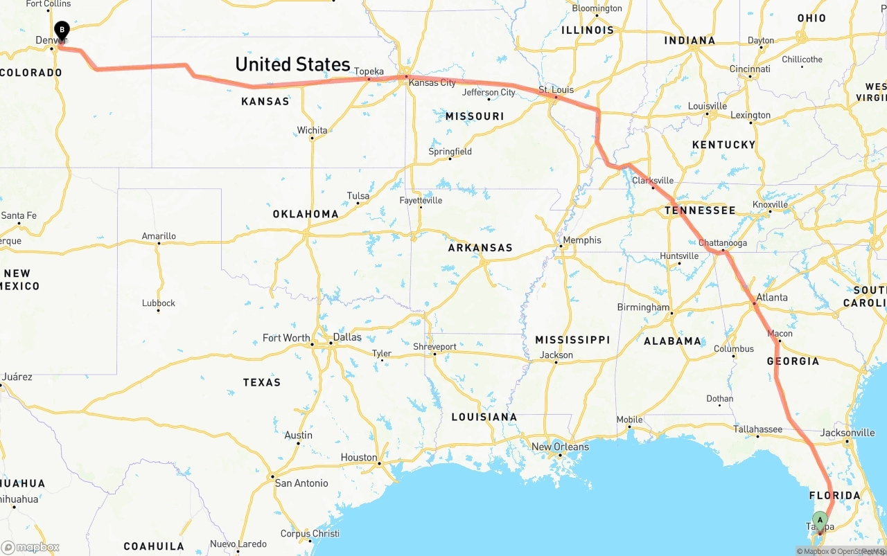 Shipping route from Tampa to Denver International Airport