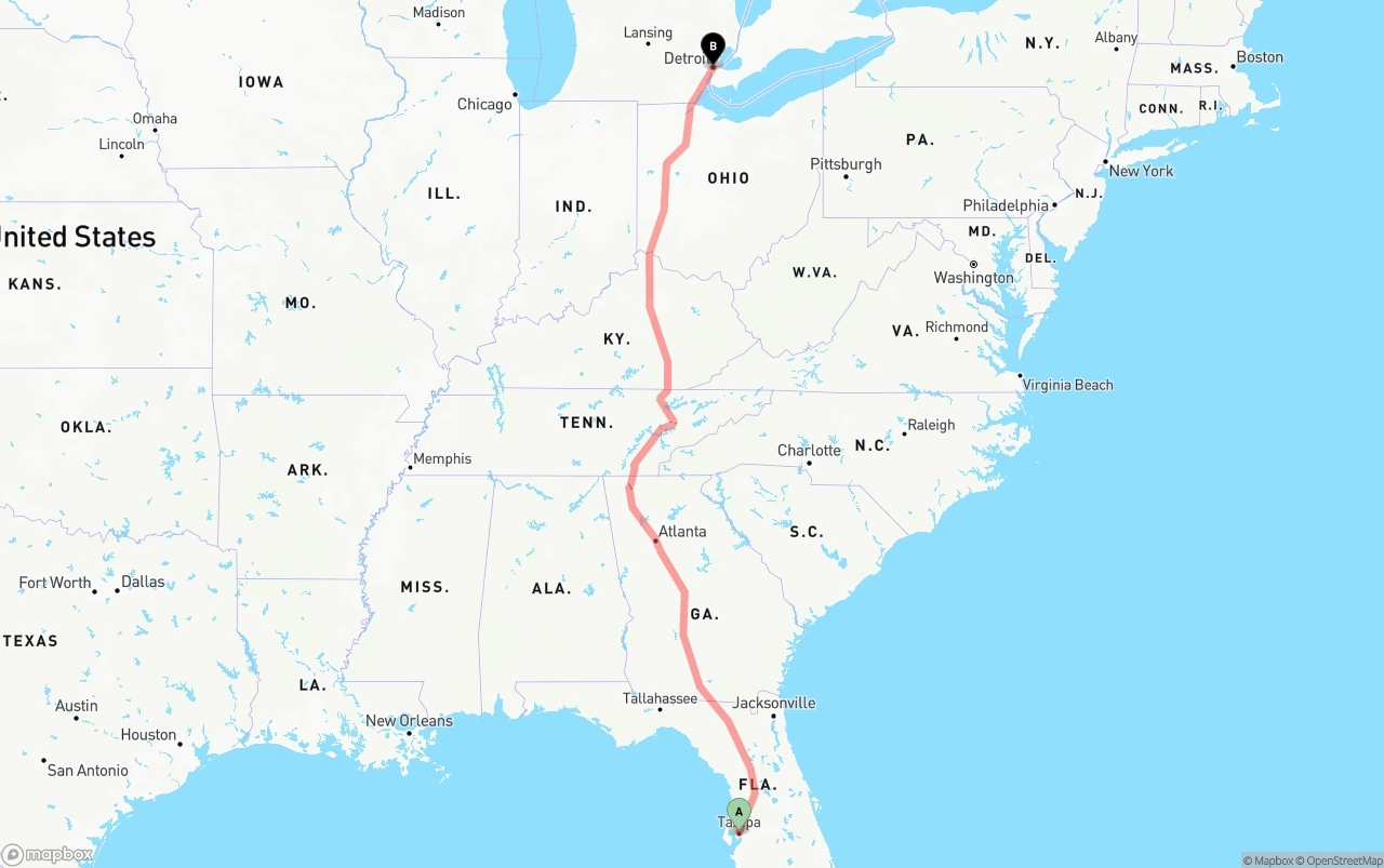 Shipping route from Tampa to Detroit