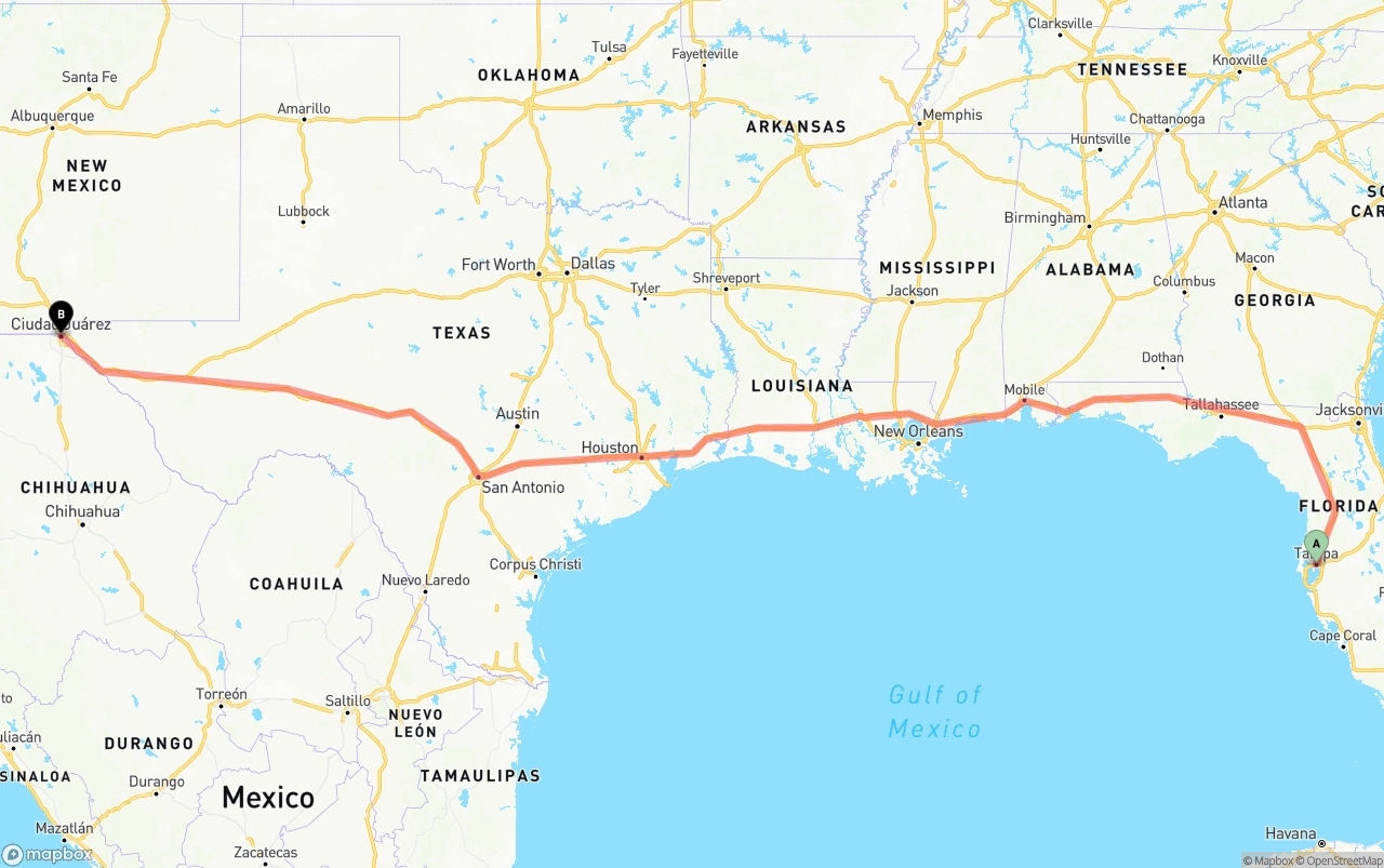 Shipping route from Tampa to El Paso