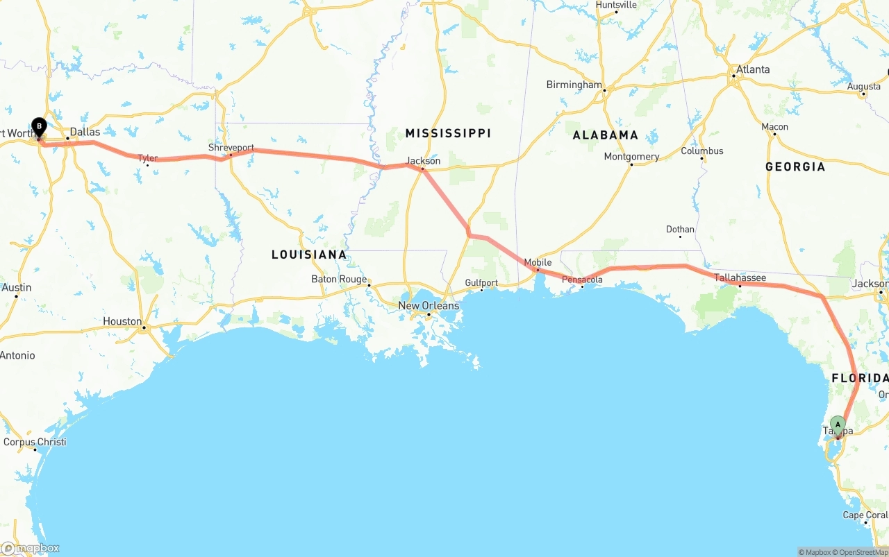 Shipping route from Tampa to Fort Worth