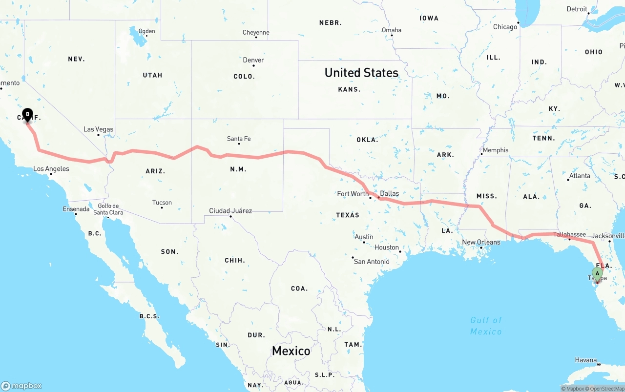 Shipping route from Tampa to Fresno