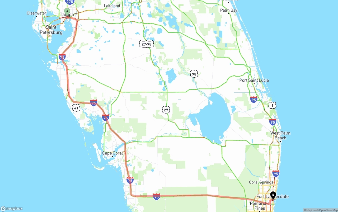 Shipping route from Tampa to Ft. Lauderdale