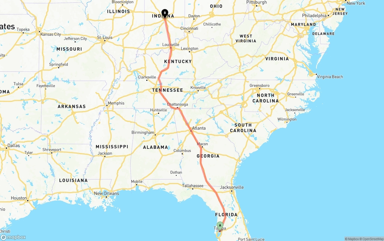 Shipping route from Tampa to Indianapolis