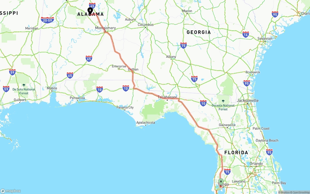 Shipping route from Tampa International Airport to Alabama