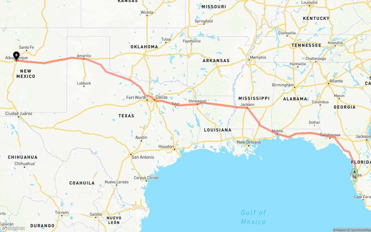 Shipping route from Tampa International Airport to Albuquerque