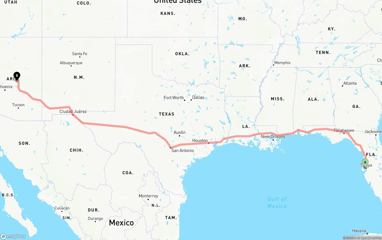 Shipping route from Tampa International Airport to Arizona