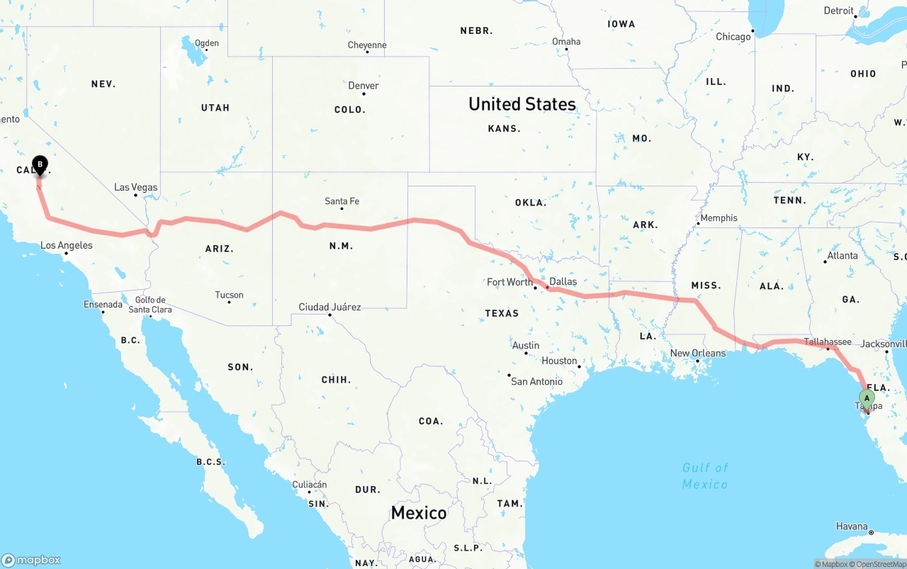 Shipping route from Tampa International Airport to California