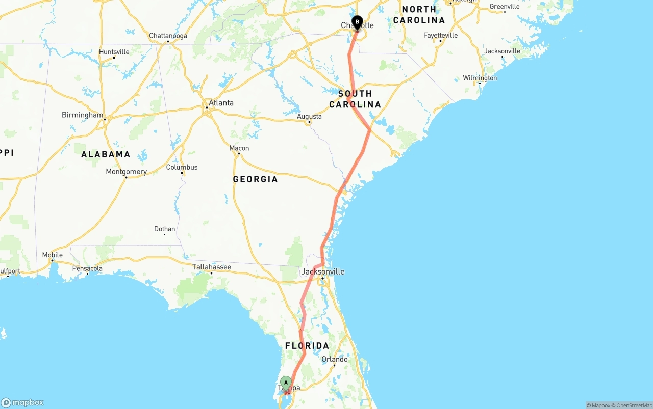 Shipping route from Tampa International Airport to Charlotte