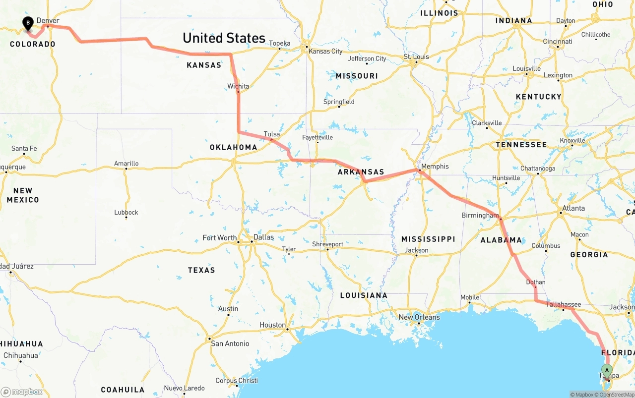 Shipping route from Tampa International Airport to Colorado